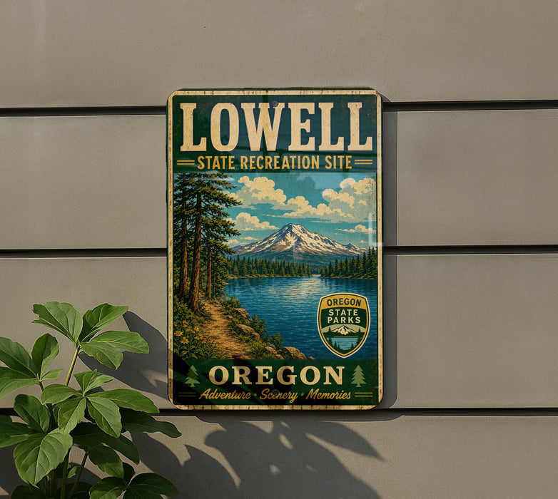 A vintage metal sign for the Lowell State Recreation Site, featuring a scenic landscape with a mountain, lake, and forest.