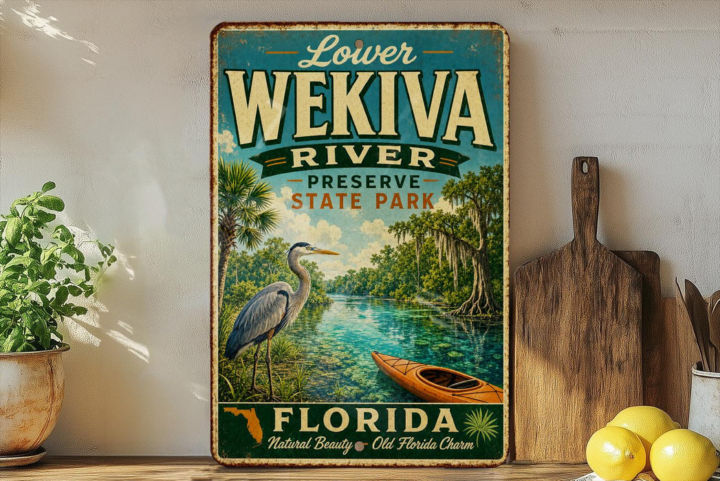 A vintage-style metal sign for Lower Wekiva River Preserve, Florida, featuring a seagull, canoe, and palm trees.