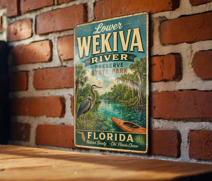 A vintage-style sign for Lower Wekiva River Preserve, Florida, featuring a seagull, a canoe, and a river surrounded by palm trees.