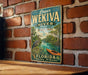 A vintage-style sign for Lower Wekiva River Preserve, Florida, featuring a seagull, a canoe, and a river surrounded by palm trees.