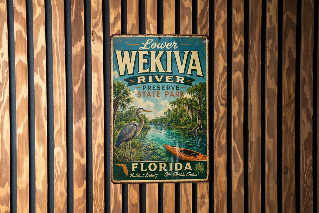 A vintage metal sign for Lower Wekiva River Preserve State Park in Florida, featuring an illustration of a bird and a canoe on a river surrounded by lush greenery.