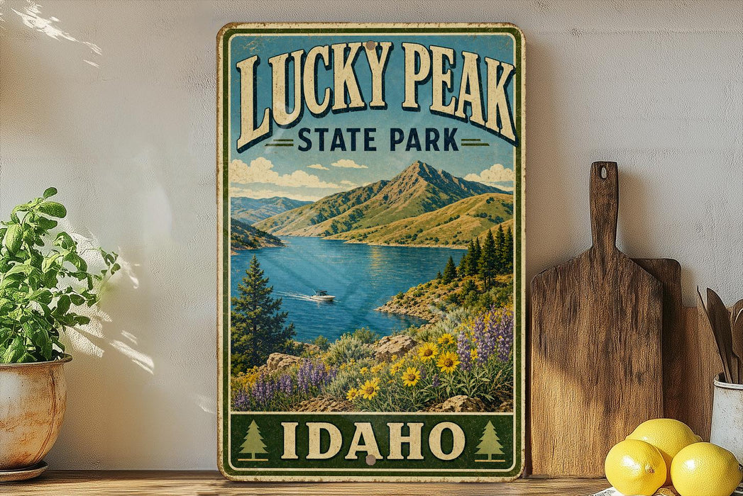 A vintage-style sign for Lucky Peak State Park in Idaho, featuring a scenic mountain landscape with a lake and a boat.