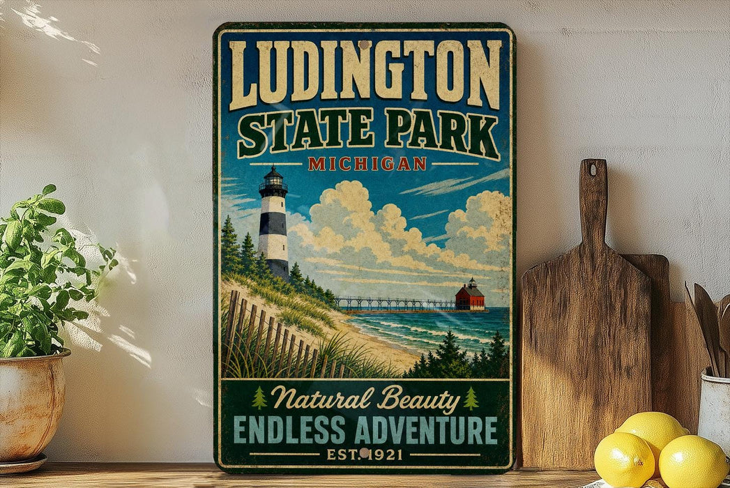 A vintage-style metal sign for Ludington State Park, Michigan, featuring a lighthouse and a scenic landscape.