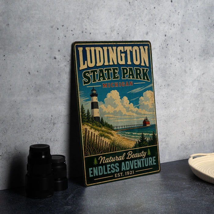 A vintage-style metal sign for Ludington State Park, Michigan, featuring a lighthouse and beach scene.