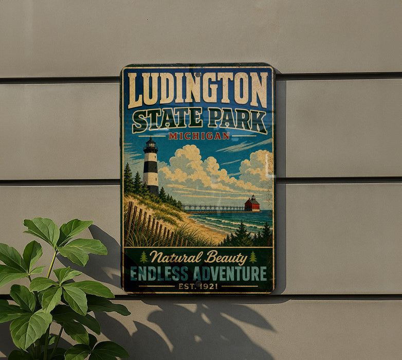 A vintage-style metal sign for Ludington State Park in Michigan, featuring a lighthouse and beach scene.