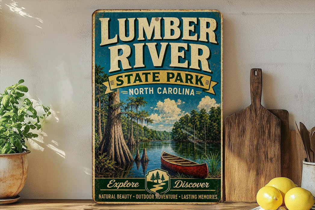 A vintage-style sign for Lumber River State Park in North Carolina, featuring a scenic illustration of a river, trees, and a canoe.