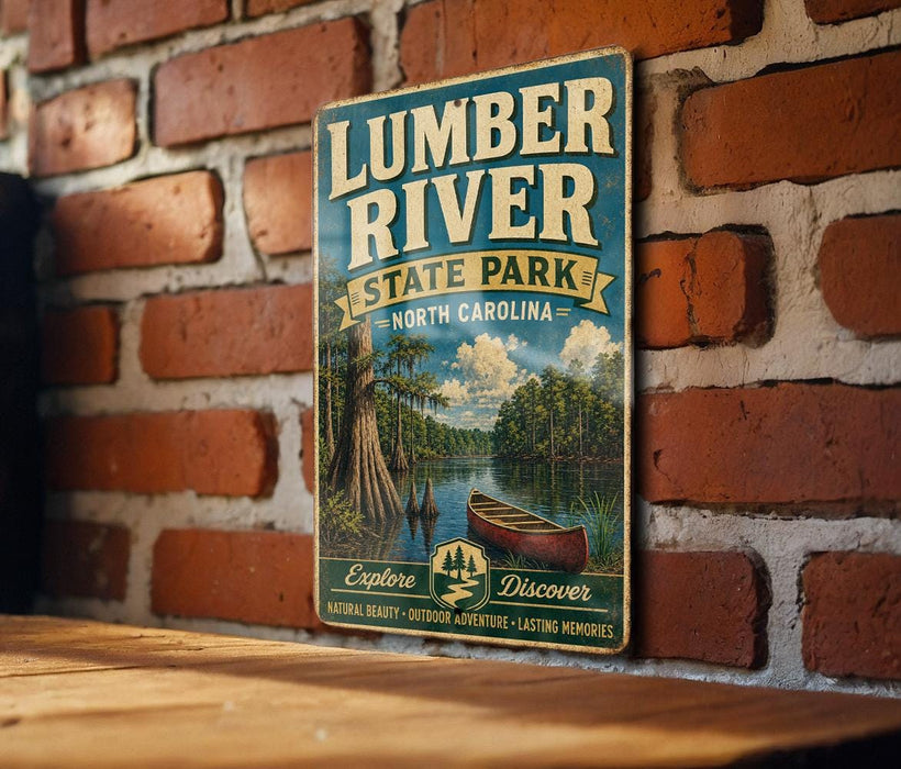 A vintage-style metal sign for Lumber River State Park in North Carolina, featuring a scenic illustration of a canoe on a river surrounded by lush greenery.