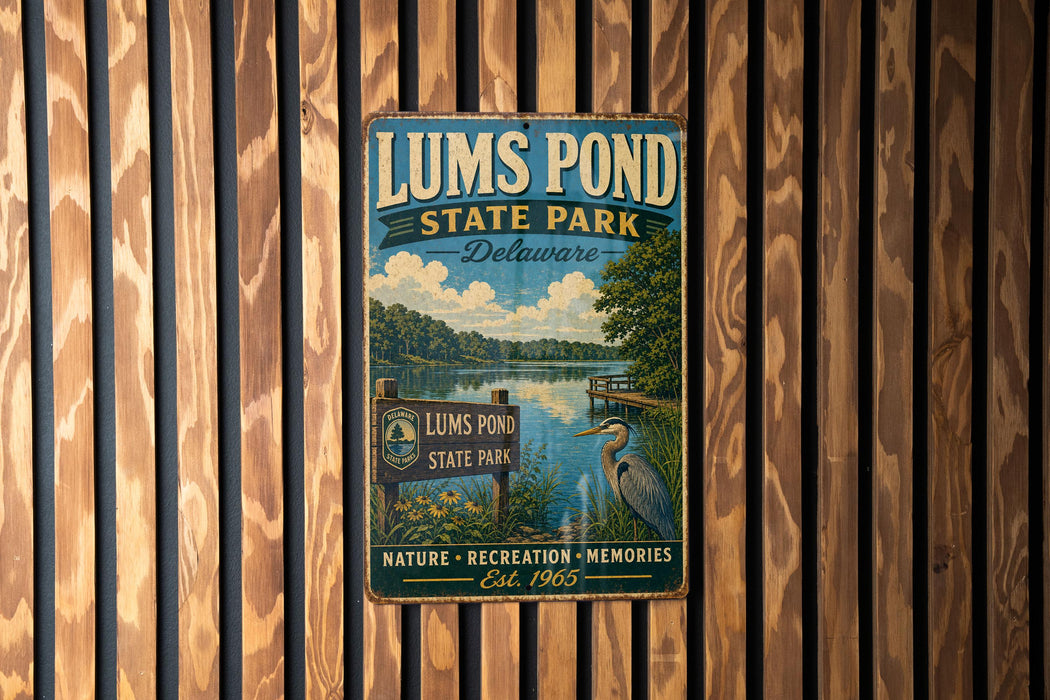 A vintage metal sign for Lums Pond State Park in Delaware, featuring a scenic illustration of the pond surrounded by nature and recreation.