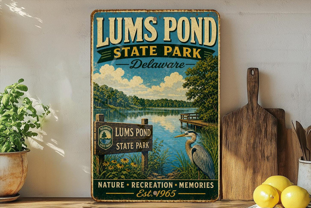 A vintage-style sign for Lums Pond State Park in Delaware, featuring a scenic image of the pond surrounded by nature, recreation, and memories.
