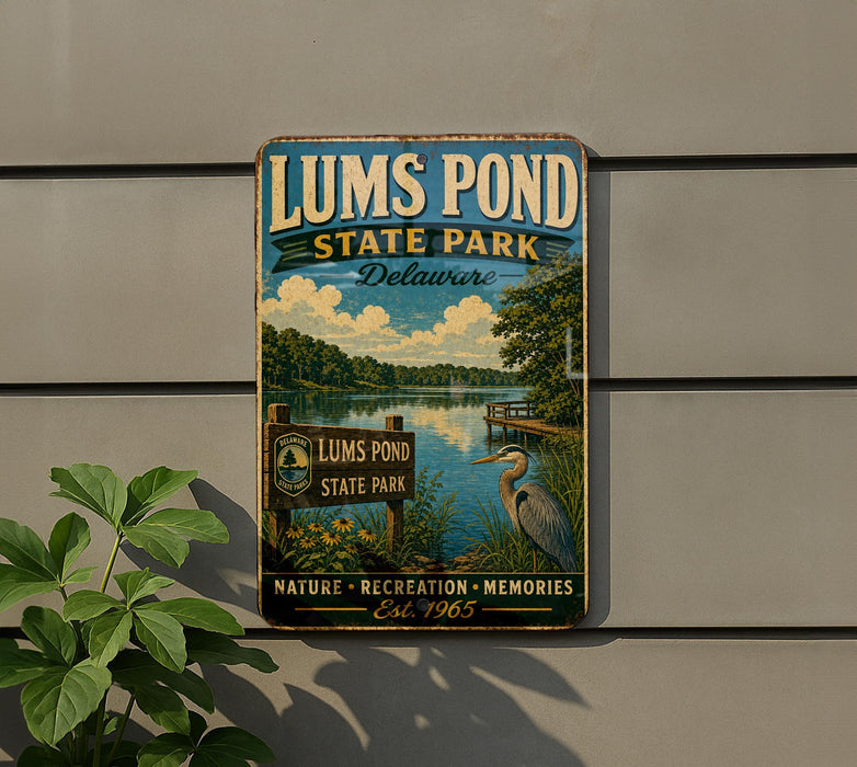 A vintage-style metal sign for Lums Pond State Park in Delaware, featuring a scenic landscape with a lake, trees, and a bird.