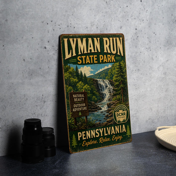 A vintage-style metal sign for Lymman Run State Park in Pennsylvania, featuring a waterfall and forest scenery.
