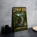 A vintage-style metal sign for Lymman Run State Park in Pennsylvania, featuring a waterfall and forest scenery.