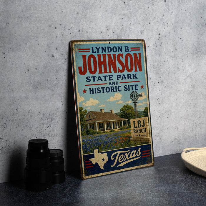 A vintage-style sign for the Johnson State Park and Historic Site in Texas, featuring a house and a windmill in the background.