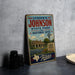 A vintage-style sign for the Johnson State Park and Historic Site in Texas, featuring a house and a windmill in the background.