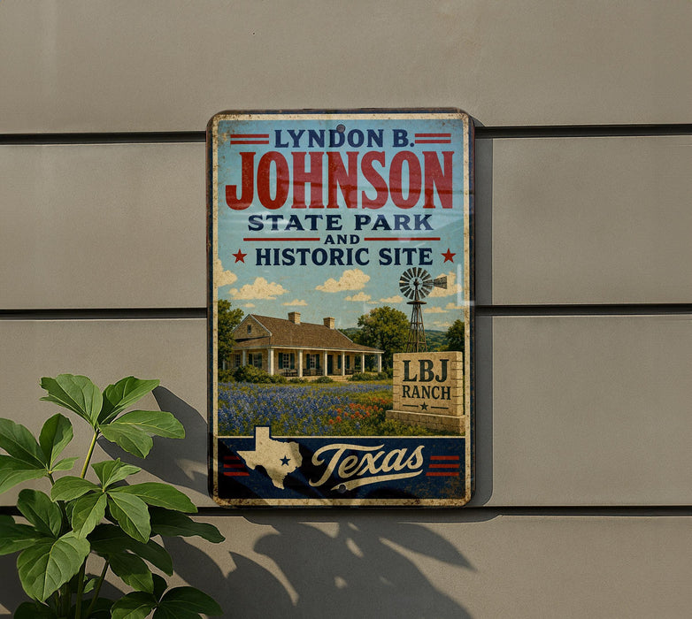 A vintage-style sign for the Lbj Ranch, featuring a Texas state park and historic site, with a windmill and a house in the background.