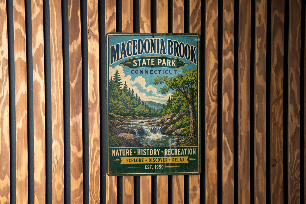 A vintage metal sign for Macdonald Brook State Park in Connecticut, featuring a scenic landscape with a waterfall and pine trees.