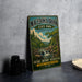 A vintage-style metal sign for Macerania Brook State Park in Connecticut, featuring a scenic illustration of a forest and a waterfall.