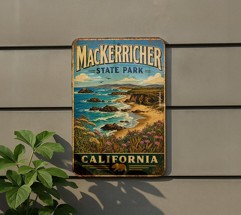 A vintage-style metal sign for Macker richer State Park in California, featuring a scenic coastal landscape with mountains, cliffs, and a beach.