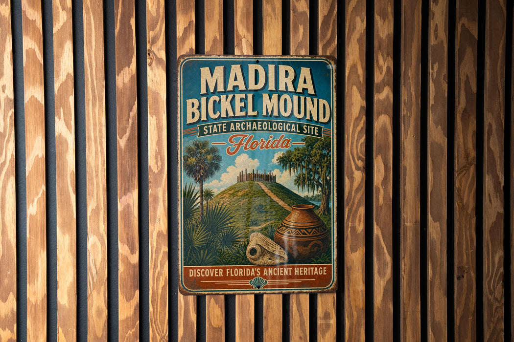 A vintage metal sign for Madira Bickel Mound, a state archaeological site in Florida, featuring a tropical landscape with palm trees, a hill, and a pottery vase.