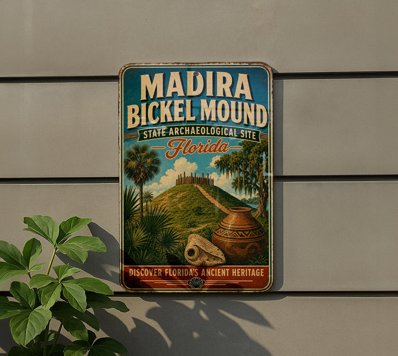 A vintage-style metal sign for Madira Bickel Mound, a state archaeological site in Florida, featuring a tropical landscape with palm trees, a hill, and a large pot.