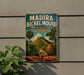A vintage-style metal sign for Madira Bickel Mound, a state archaeological site in Florida, featuring a tropical landscape with palm trees, a hill, and a large pot.