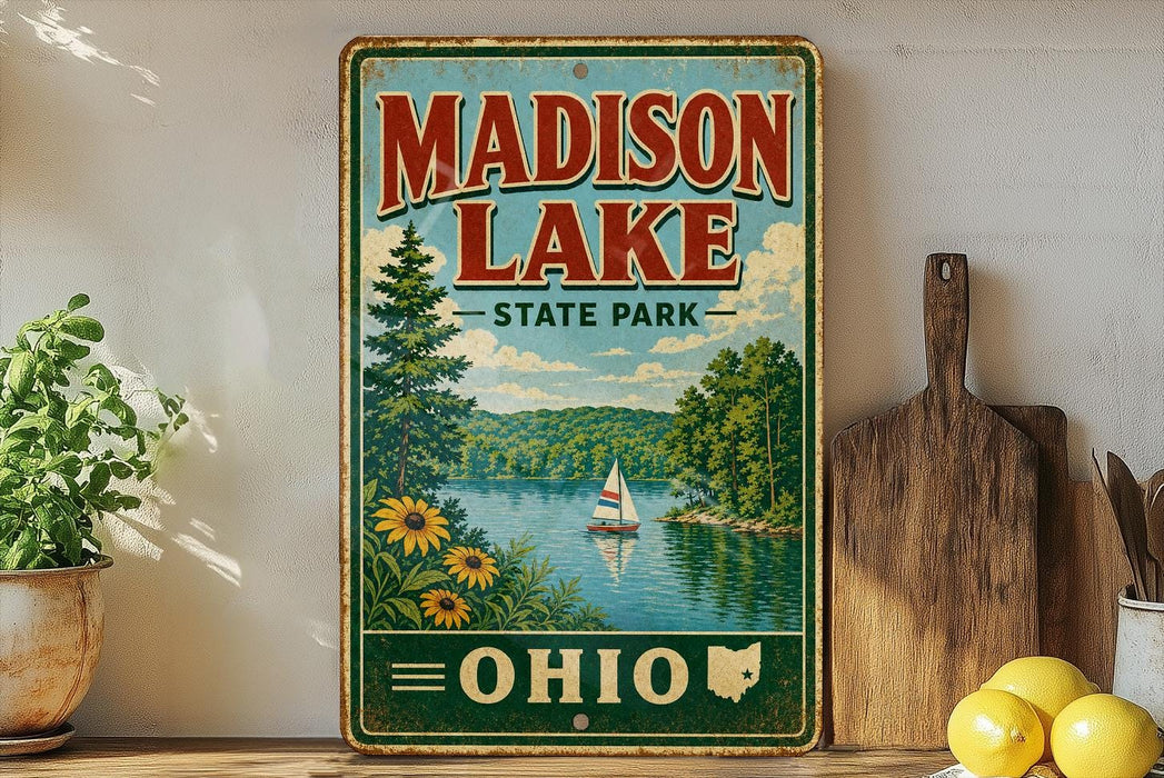 A vintage-style metal sign for Madison Lake State Park in Ohio, featuring a scenic illustration of a lake, trees, and a sailboat.