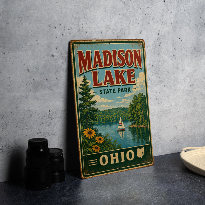 A vintage-style metal sign for Madison Lake State Park in Ohio, featuring a scenic illustration of the lake and surrounding landscape.