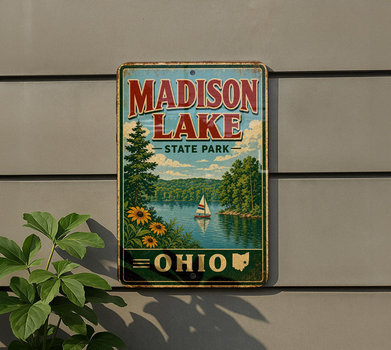 A vintage-style metal sign for Madison Lake State Park in Ohio, featuring a scenic landscape with a lake, trees, and a sailboat.