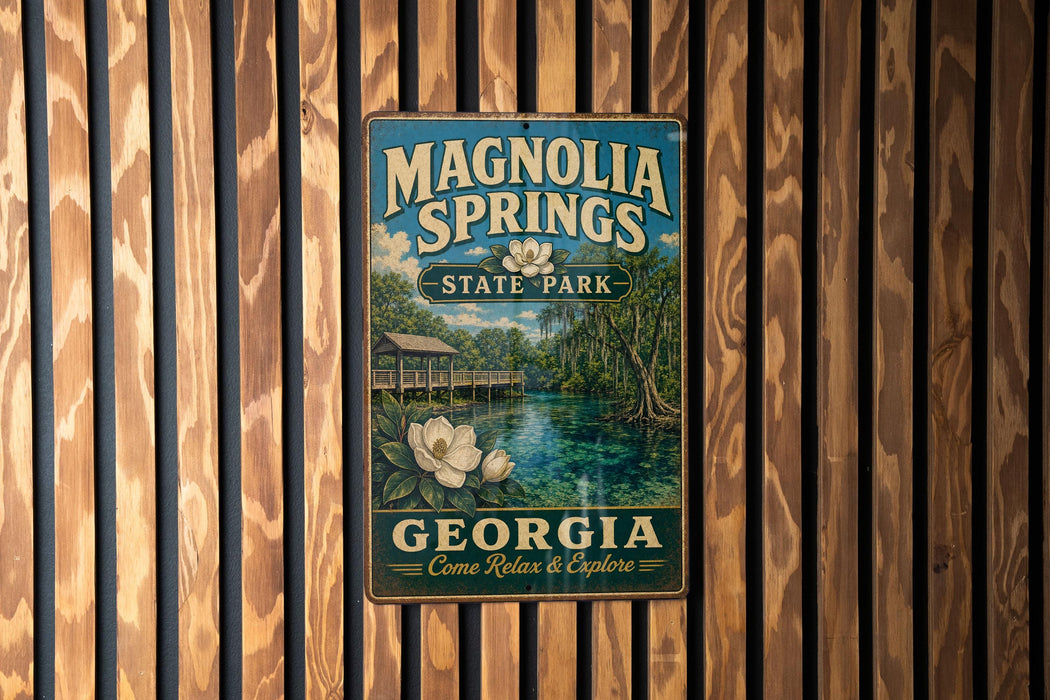A vintage metal sign for Magnolia Springs State Park in Georgia, featuring a scenic illustration of the park's natural surroundings.