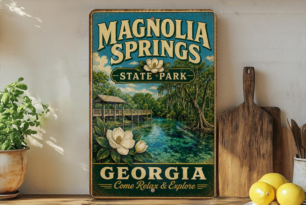 A vintage-style sign for Magnolia Springs State Park in Georgia, featuring a scenic illustration of the park's natural surroundings.