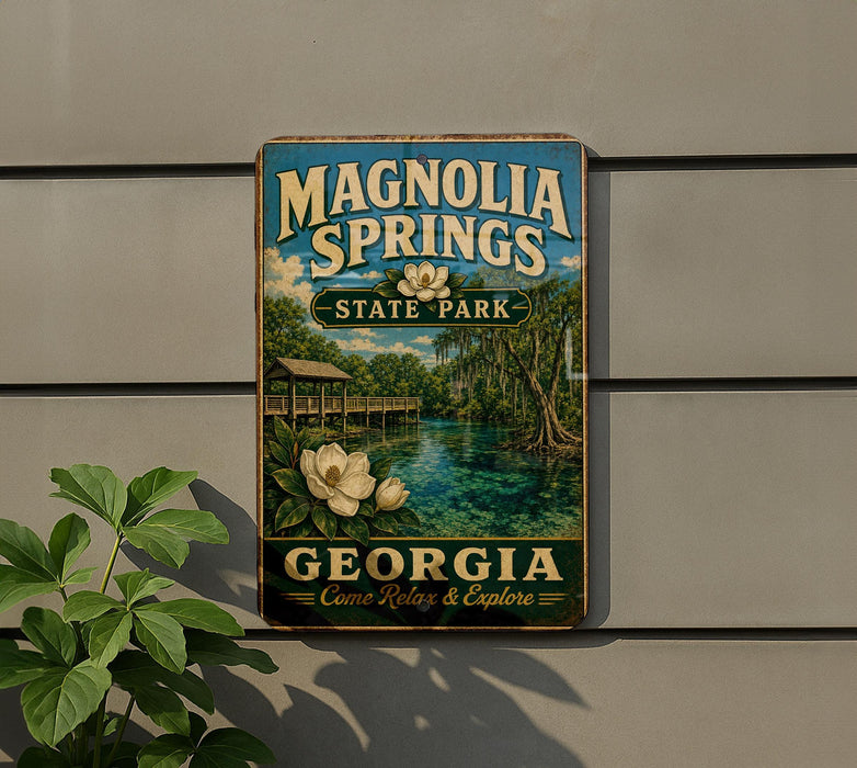 A vintage-style sign for Magnolia Springs State Park in Georgia, featuring a scenic landscape with a river, bridge, and flowers.