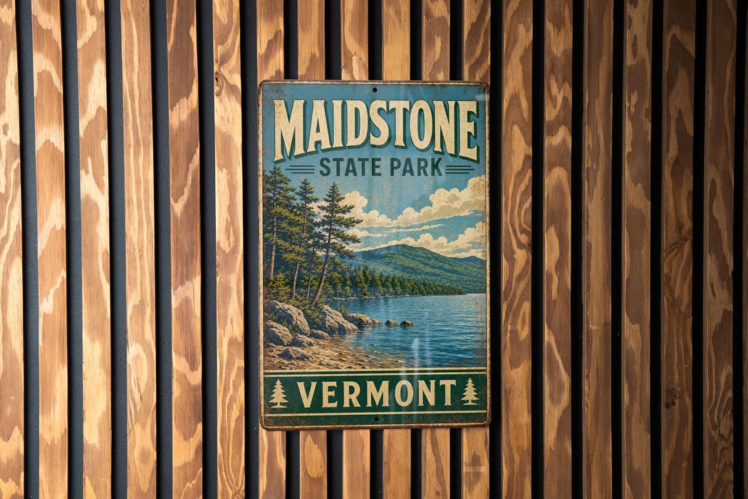 A vintage metal sign for Maidstone State Park in Vermont, featuring a scenic landscape with pine trees, a lake, and mountains.