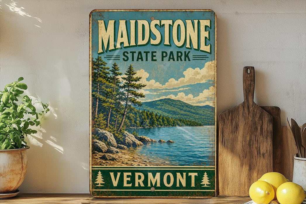A vintage-style sign for Maidstone State Park in Vermont, featuring a scenic landscape with pine trees, a lake, and mountains.