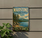 A vintage-style sign for Maidstone State Park in Vermont, featuring a scenic landscape with pine trees, a lake, and mountains in the background.