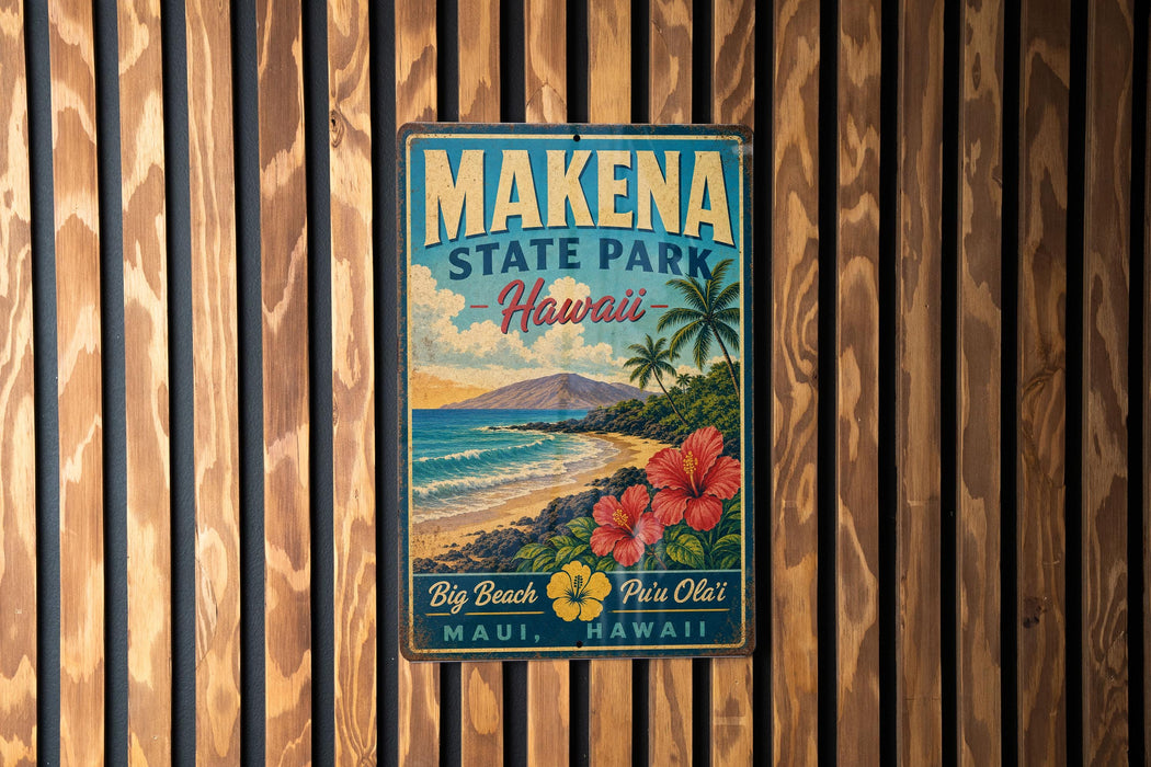 A vintage-style metal sign for Makena State Park in Hawaii, featuring a tropical beach scene with palm trees, flowers, and a mountain in the background.