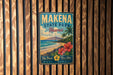 A vintage-style metal sign for Makena State Park in Hawaii, featuring a tropical beach scene with palm trees, flowers, and a mountain in the background.