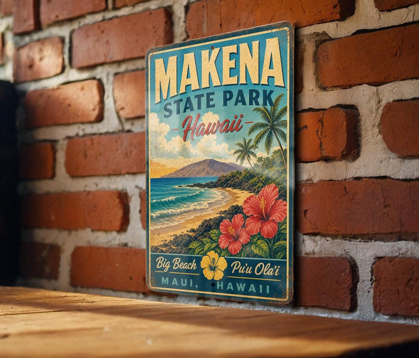 A vintage-style metal sign for Makena State Park in Hawaii, featuring a tropical beach scene with palm trees, flowers, and a mountain in the background.