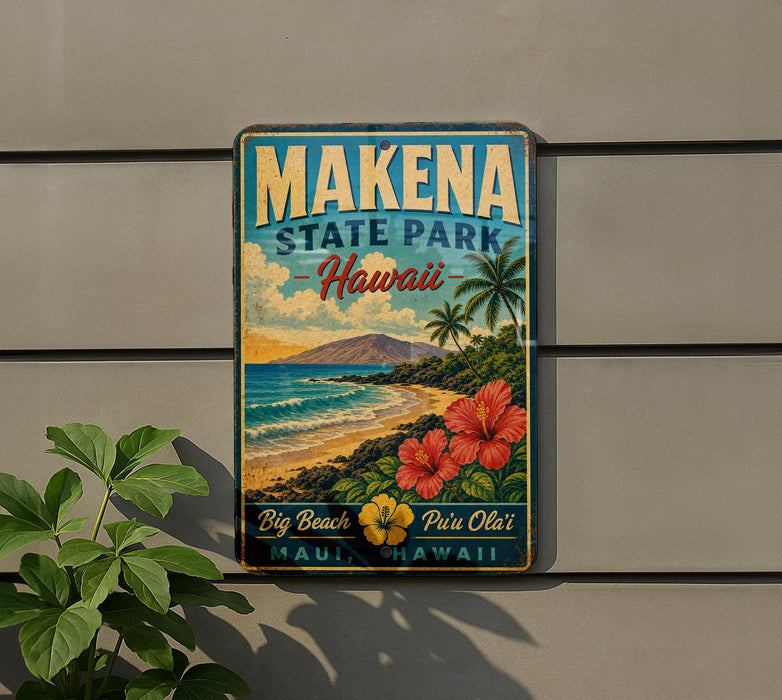 A vintage metal sign for Makena State Park in Hawaii, featuring a tropical beach scene with palm trees, flowers, and a mountain in the background.