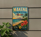 A vintage metal sign for Makena State Park in Hawaii, featuring a tropical beach scene with palm trees, flowers, and a mountain in the background.