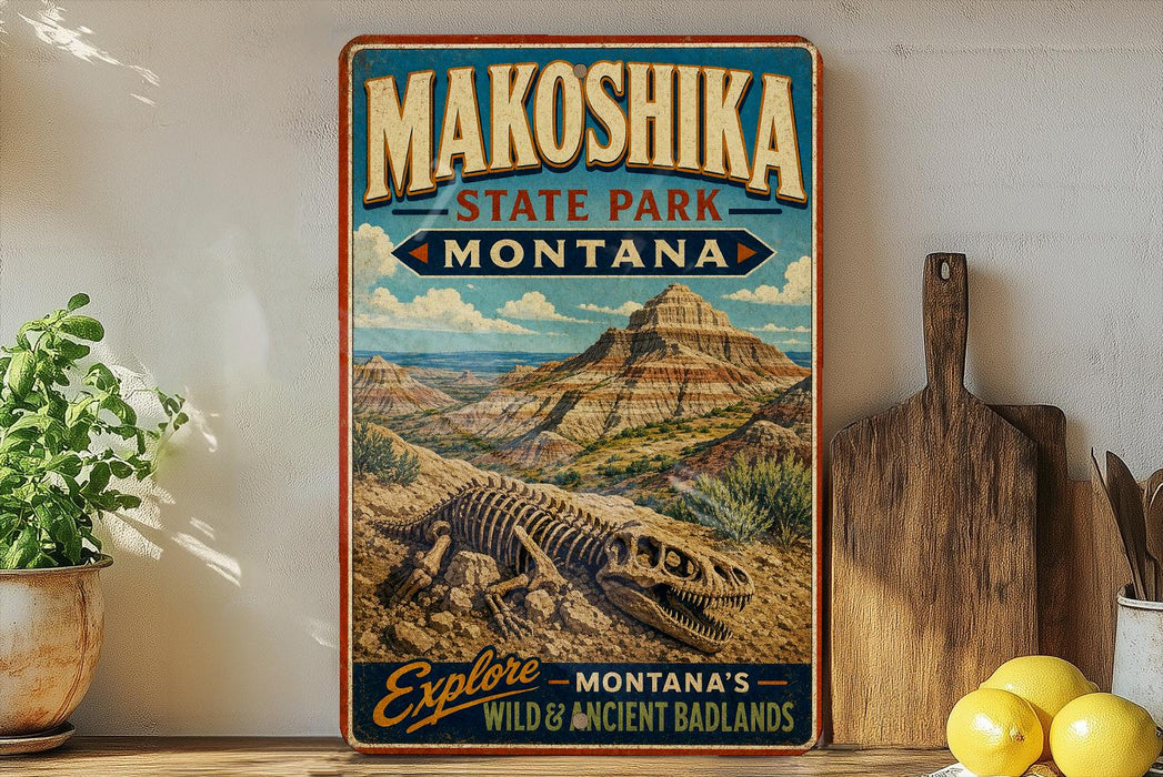 A vintage-style poster advertising Makoshika State Park in Montana, featuring a dinosaur skeleton and a mountainous landscape.