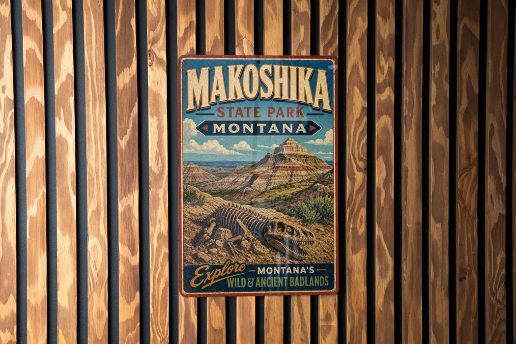 A vintage metal sign for Makoshika State Park in Montana, featuring a scenic illustration of the park's natural landscape.