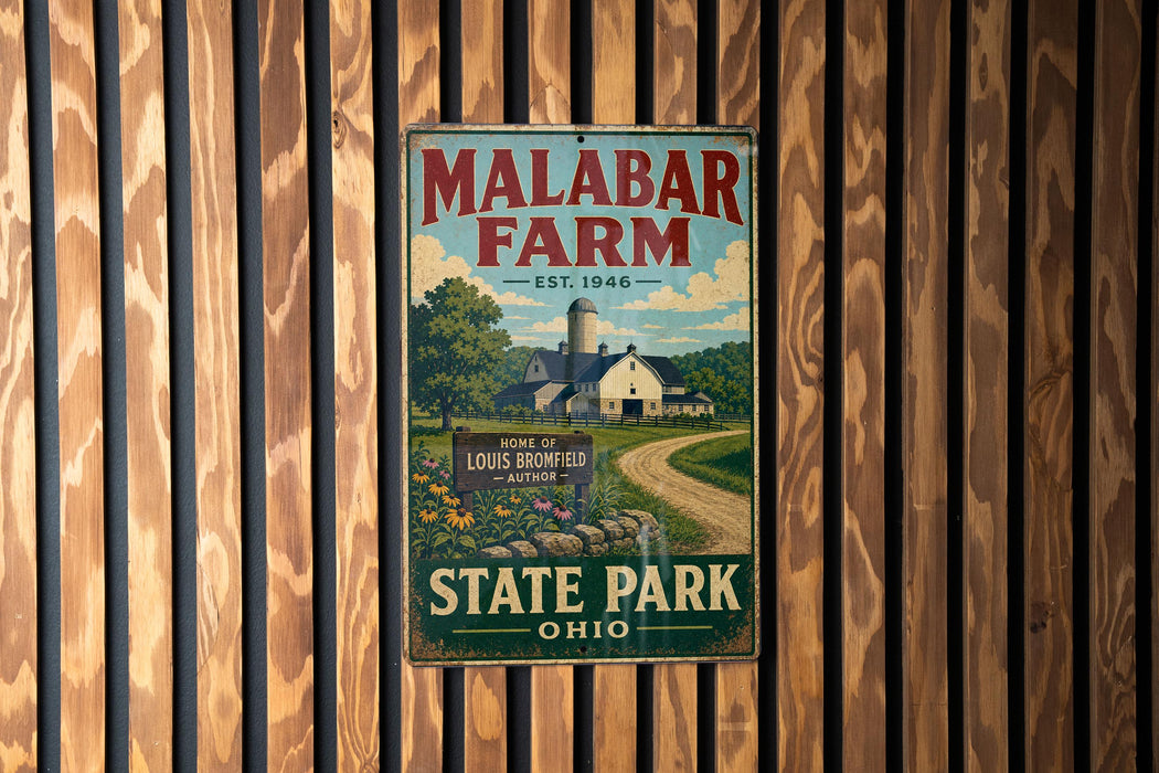 A vintage metal sign for Malabar Farm, featuring a farm scene with a barn and a dirt road, mounted on a wooden wall.
