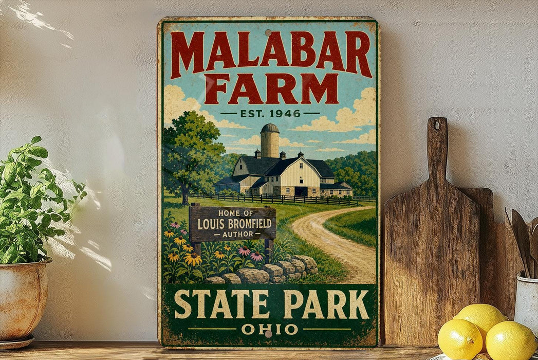A vintage-style sign for Malabar Farm, featuring a farm scene with a barn, trees, and a dirt road, is displayed on a shelf next to a wooden cutting board and some lemons.