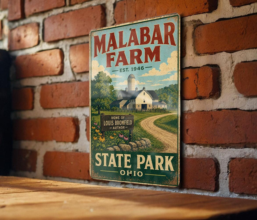A vintage metal sign for Malabar Farm, featuring a farm scene with a barn and a dirt road, mounted on a brick wall.