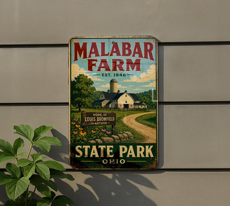 A vintage metal sign for Malabar Farm, featuring a farm scene with a barn, dirt road, and trees, mounted on a wall.