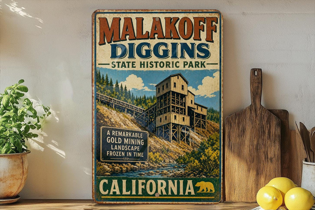 A vintage-style sign for Malakoff Diggins State Historic Park in California, featuring an illustration of a gold mining structure and a scenic landscape.