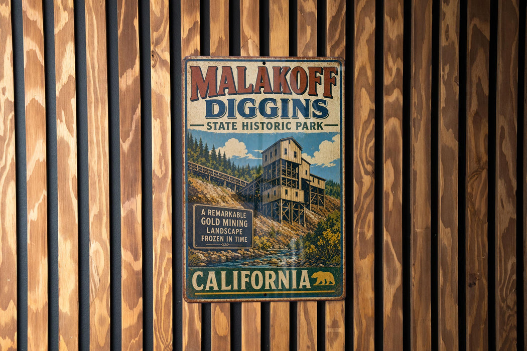 A vintage metal sign for Malakoff Diggers State Historic Park in California, featuring a scenic image of a gold mining operation.