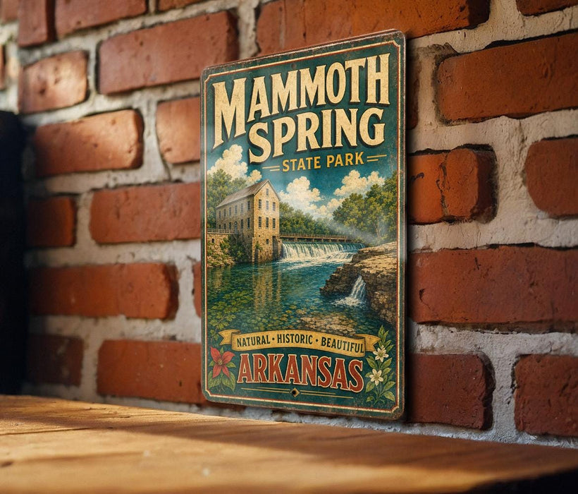 A vintage metal sign for Mammoth Spring State Park in Arkansas, featuring a scenic illustration of a waterfall and a building.