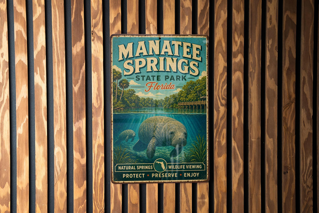 A vintage metal sign for Manatee Springs State Park in Florida, featuring an illustration of a manatee swimming in a pond surrounded by lush vegetation.