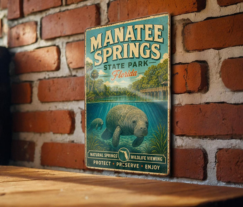 A vintage-style metal sign for Manatee Springs State Park in Florida, featuring an illustration of a manatee swimming in a pond surrounded by lush greenery.